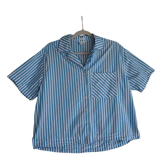 Aerie Womens Poplin Pajama Shirt Size Small Blue White Stripe Cotton Cropped - Picture 2 of 11